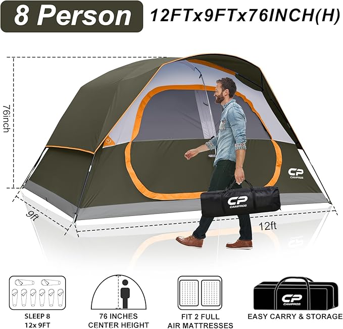 CAMPROS CP Tent 8 Person Camping Tents, Waterproof Windproof Family Tent with Top Rainfly, Large Mesh Windows, Double Layer, Easy Set Up, Portable with Carry Bag, for All Seasons