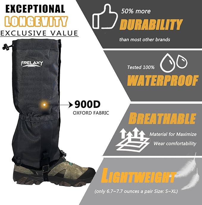 Frelaxy Leg Gaiters Ultra HIGH-Performance Hunting Gaiters, 100% Waterproof Hiking Gaiters with Upgraded Rubber Foot Strap, Adjustable Snow Boot Gaiters