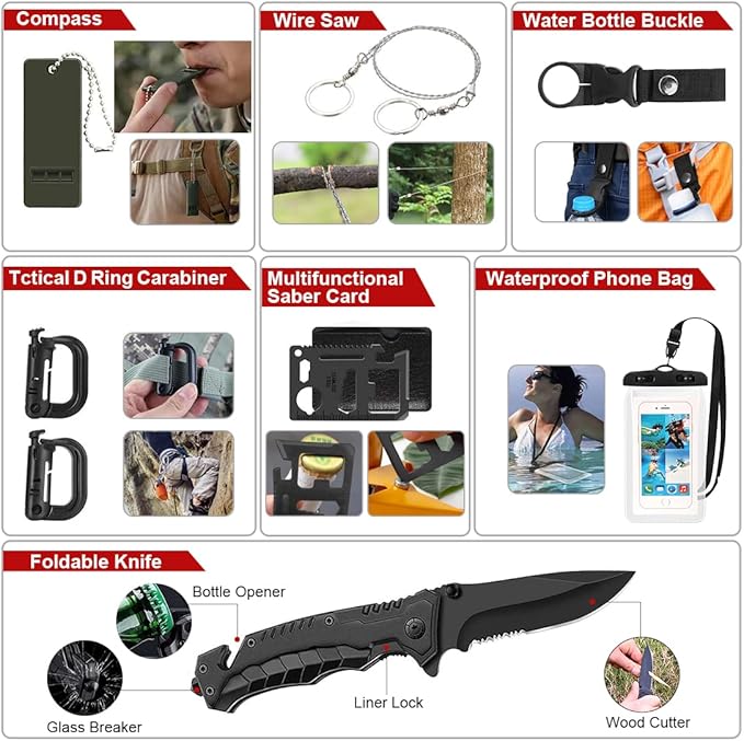 Survival Kits,222 PCS Emergency Survival Gear First Aid Kits with Molle System Compatible Bag Outdoor Camping Gear Emergency Kits for Hunting,Hiking,Fishing, Gifts for Men Women