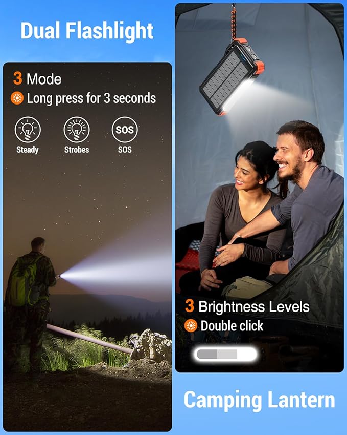 BLAVOR 45W Power Bank Solar Charger Built in Cables, 20000mAh Wireless Portable Charger with USB C, PD QC Fast Charging Waterproof Battery Pack for Cell Phone, Camping Light & Compass for Outdoor Use