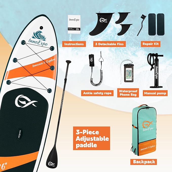 InnoExpo Inflatable Stand Up Paddle Boards with Premium Accessories, Wide Stable SUP Paddle Board Design, Non-Slip Comfort Deck for Youth & Adults