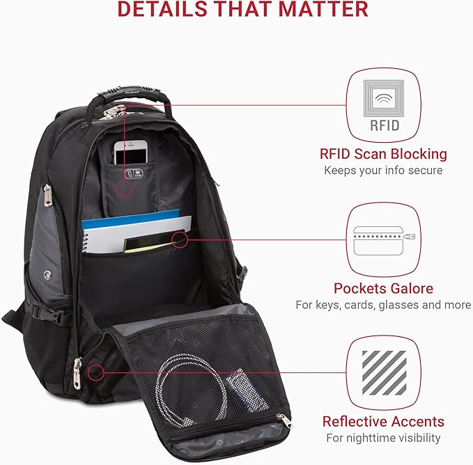 SwissGear 1900 ScanSmart 17” Laptop Backpack Grey/Black – Reflective Tech Backpack with ScanSmart Compartment – Multiple Organizer Pockets & RFID Scan Blocking Technology