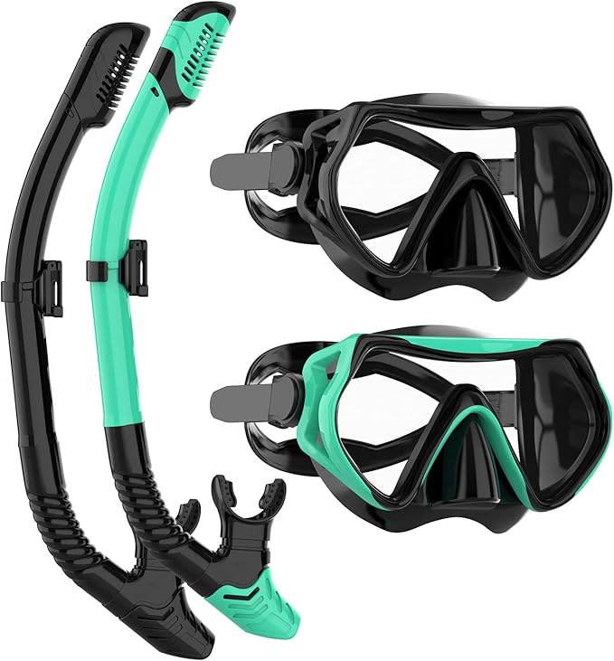 Snorkeling Gear for Adults, JRing Snorkel Mask Set with 180 Degree Tempered Glass Anti Fog Goggles Scuba Dry Top Snorkel for Swimming, Scuba Diving Mask for Men Women