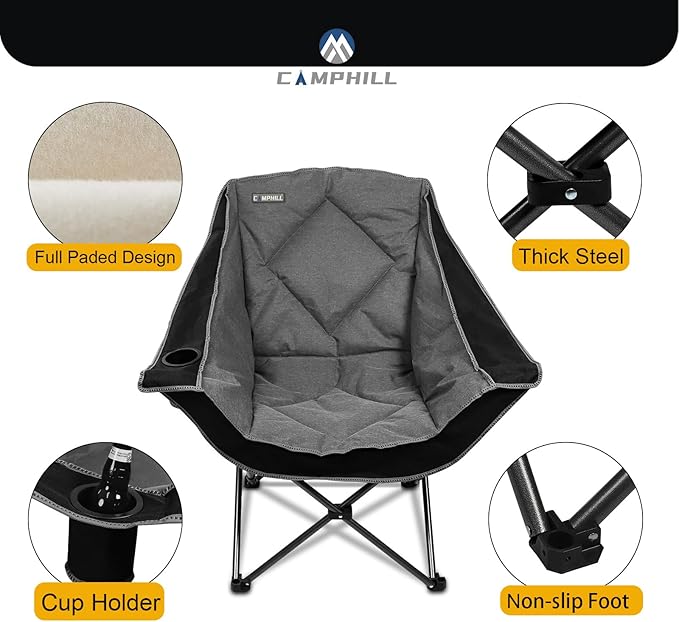 Folding Camping Chair,Oversized Portable Camping Chair with Cup Holder,Heavy Duty Padded Lawn Chair for Camping, Tailgates, Beach, and Sports