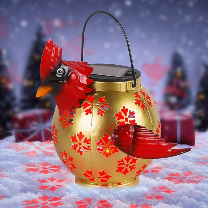 Outdoor Christmas Lantern with Solar LED Light and Snowflake Red Cardinal Christmas Decorations for Garden Yard, Cardinal Gifts for Loss of Loved One