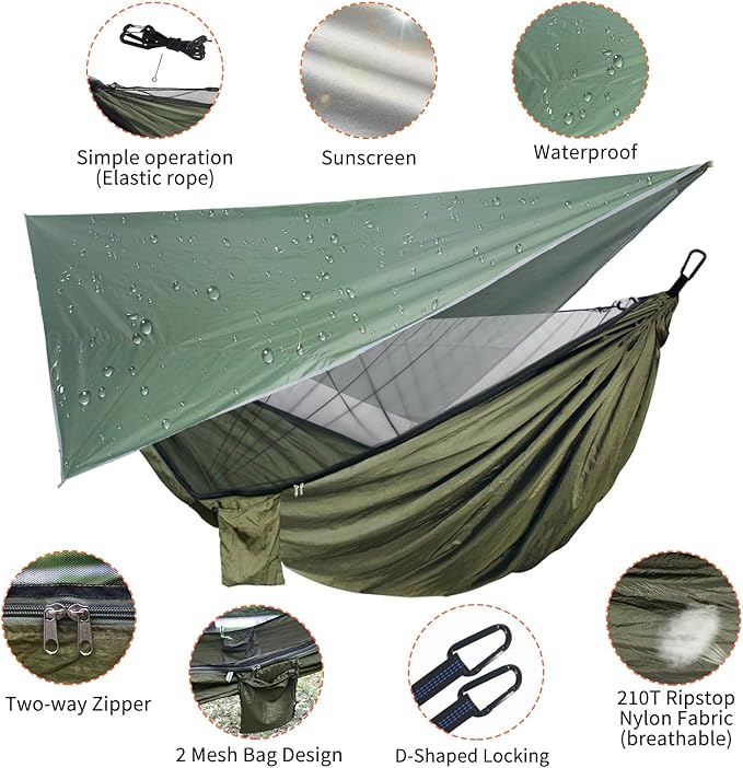 NewDoar Camping Hammock with Mosquito Net and Rain Fly Tarp,Portable Single Nylon Parachute Hammock Rainfly Set,Tree Straps Swing Hammock Bed for Outdoor Backpacking Backyard Hiking(ArmyGreen)