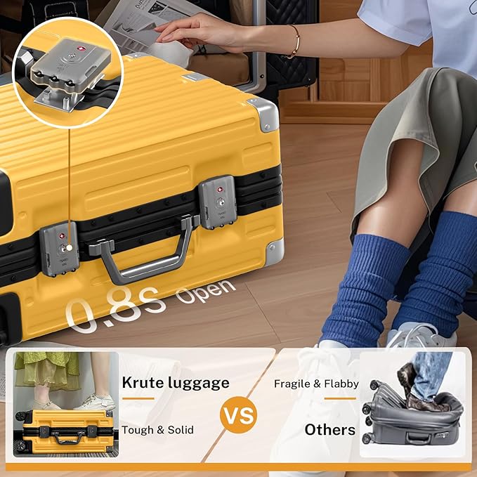 Krute Carry On Luggage 20 inch Aluminum Frame Suitcase with Spinner Wheels No Zipper Hardshell PC+ABS Luggages TSA Lock Zipperless Suitcases