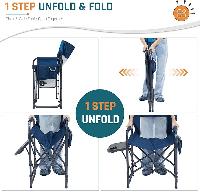 Camping Chairs Directors Chair with Side Table, Mesh Backrest Folding Lawn Chairs with Pocket, Foldable Camp Chair for Outdoor, Picnic, Sports and Fishing, Blue