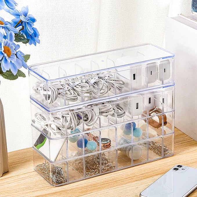 Tatuo 4 Pcs Cable Organizer Box with Wire Ties, Plastic Cord Storage Box with Lid, Electronics Organizer for Home Office Desk Organizers and Accessories (Clear)