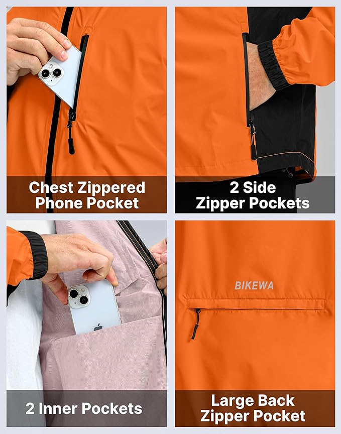 Men's Cycling Rain Jackets Waterproof Running Bike Windbreaker Lightweight Packable Hooded Jacket