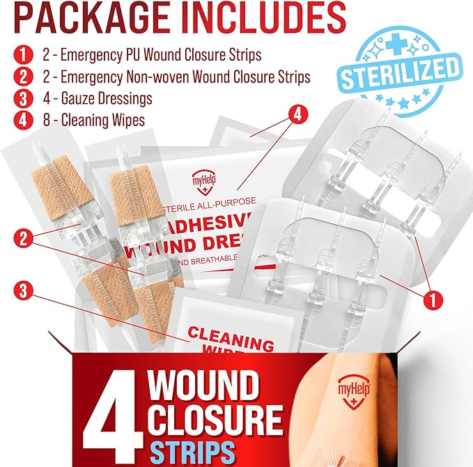 Emergency Wound Closure Strips - 4pk - 2 Types Sutures Free Laceration Closure Kit - Stitchless & Easy to Use - Butterfly Bandages for Cut Care - Perfect for Quick Stop Bleeding and Wound Closing