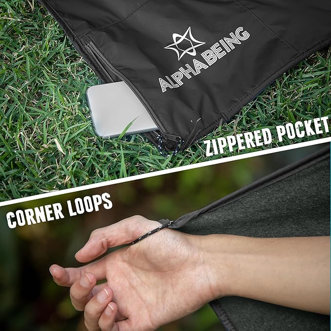 AlphaBeing Waterproof Outdoor Blanket with Merino Wool, Extra Thick Warm, Windproof, Packable Stadium Blankets for Cold Weather, Camping Gift, Pet, Car, Picnic, Concerts, 79" x 59", Black/Gray