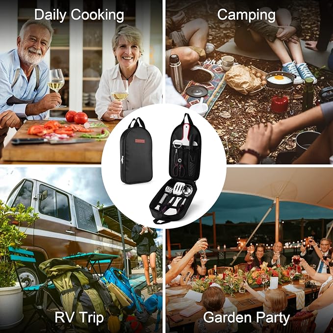 Odoland 8Pcs Camping Cooking Utensils Set for Family & Adults, Kitchen Utensil with Tongs, Scissors, Cutting Board, and Water Resistant Case for Picnic, Hiking, Backpacking, Outdoor Camping