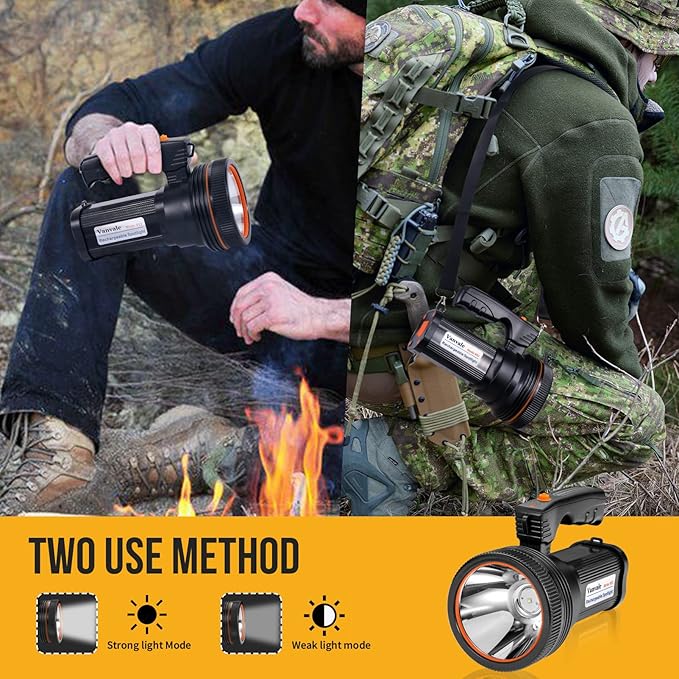 Rechargeable Searchlight Handheld LED Tactical Flashlight with Handle Spotlight High-Power Super Bright Torch with USB Output Torch (Black)