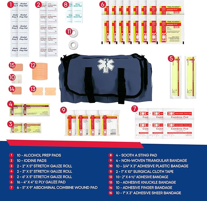 First Responder Trauma First Aid Kit Bag – Fully Stocked Emergency Medical Kit for Workplace, Vehicle & Home – OSHA & ANSI Compliant – Portable – Blue