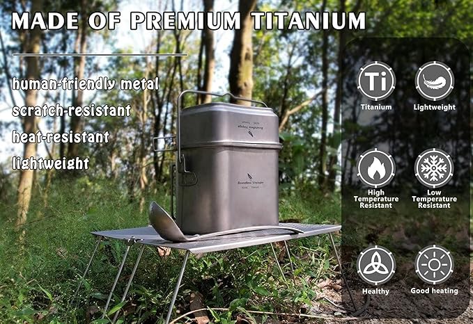 Boundless Voyage Titanium Mess Kit Hanging Pot Cup with Lid Folding Handles Outdoor Camping Cooking Set Ultralight Portable Tableware Cookware