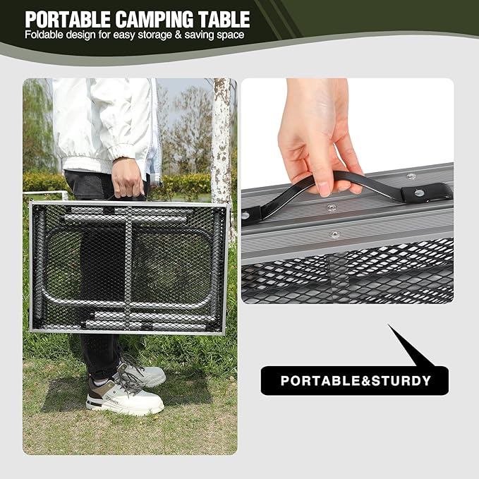 REDCAMP 48x24 Long Folding Grill Table for Outside, Lightweight Portable Metal Aluminum Outdoor Grill Table with Adjustable Height Legs, Great for Camping Picnic Cooking BBQ, Silver 4ft