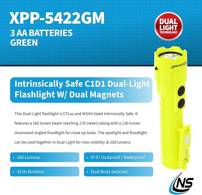 Nightstick XPP-5422GM Intrinsically Safe Dual-Light Flashlight w/Magnets-3 AA (not Included) -Green-UL913, Multicolor
