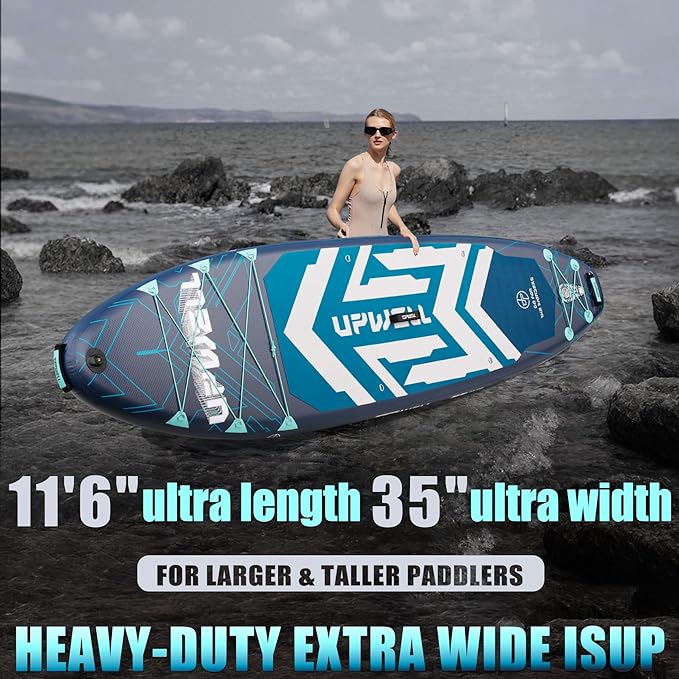 UPWELL 11'6"×35" Extra Wide Inflatable Paddle Board, Stand Up Paddle Board for Youth & Adults, Stable Design, Premium SUP Accessories, 120L Backpack, 10L Dry Bag, Paddle, Leash, Hand Pump, US Fins