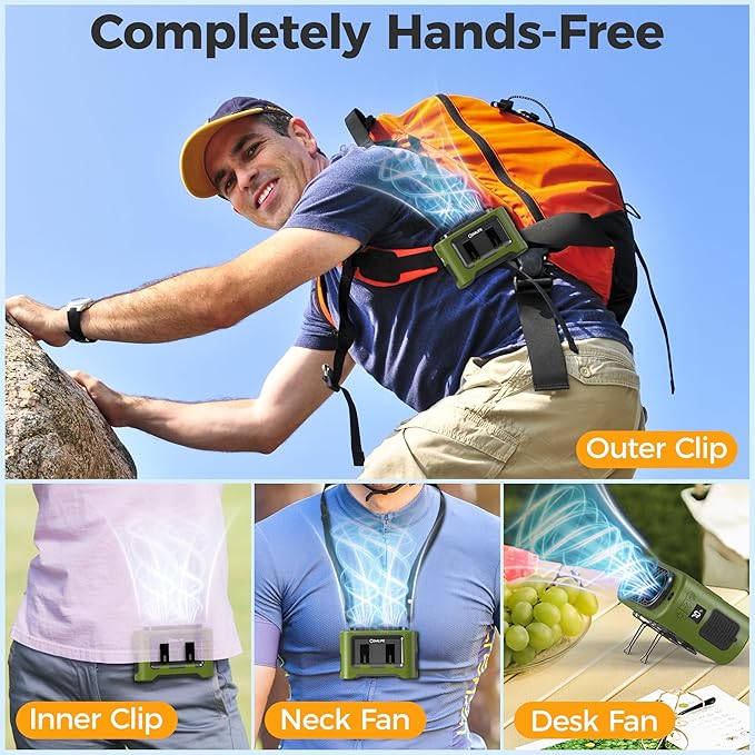 14500mAh Portable Waist Fan Clip On Belt- Rechargeable Battery Operated,Max 40H Cooling,5 Speed 14600RPM,Dual Air Vent, Hands-free Shirt Neck Fan With Light for Outdoor Jobsite Camping Traveling