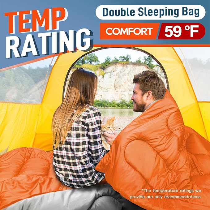 MEREZA Double Sleeping Bag for Adults Mens with Pillow, XL Queen Size Two Person Sleeping Bag for All Season Camping Hiking Backpacking 2 Person Sleeping Bags for Cold Weather & Warm