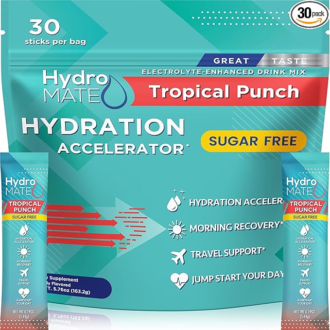 Electrolyte Powder Sugar-Free Hydration Packets Tropical Punch HydroMATE 30 Sticks