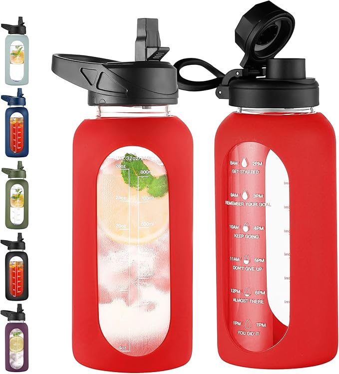 CIVAGO 32 oz Glass Water Bottle with Straw and Handle, Large Sports Motivational Water Bottle Flask with Time Marker and 2 Lids, Leakproof Water Jug Canteen with Silicone Sleeve for Gym,Red