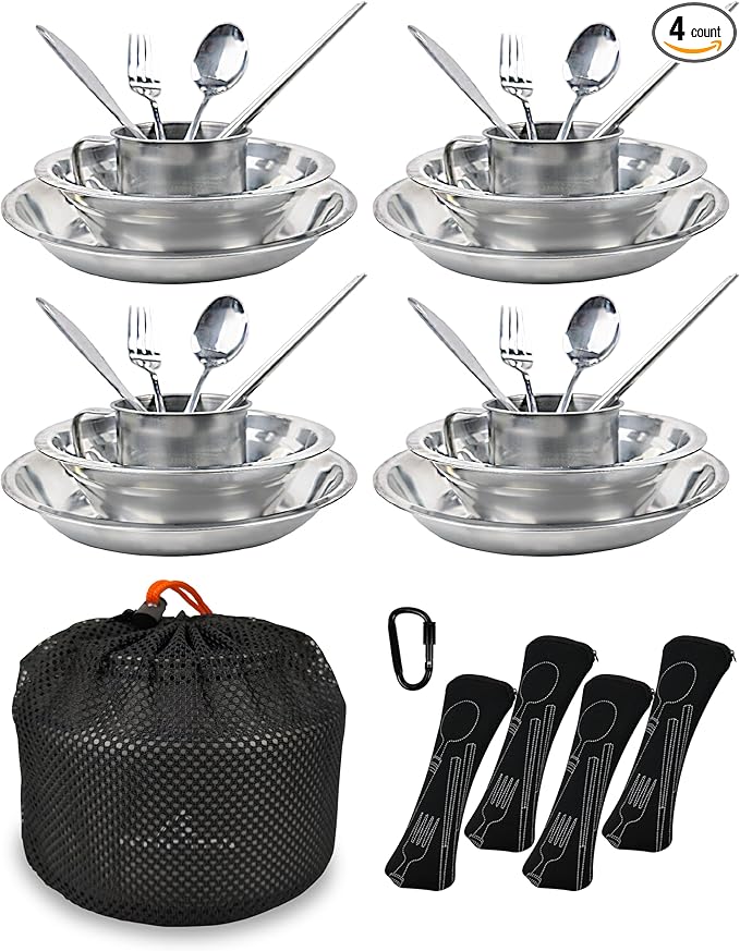 Stainless Steel Camping Mess Kit - Person's Complete Picnic & Camp Dish Set, Includes Plate, Bowl, Cup & Utensils