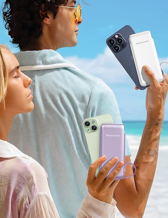 2-Pack 10000mAh Phone Portable Charger Power Bank, Built in Cable and AC Wall Plug, Fast Slim USB C Charging Battery Pack Travel Essentials Compatible with iPhone, Android, White & Purple