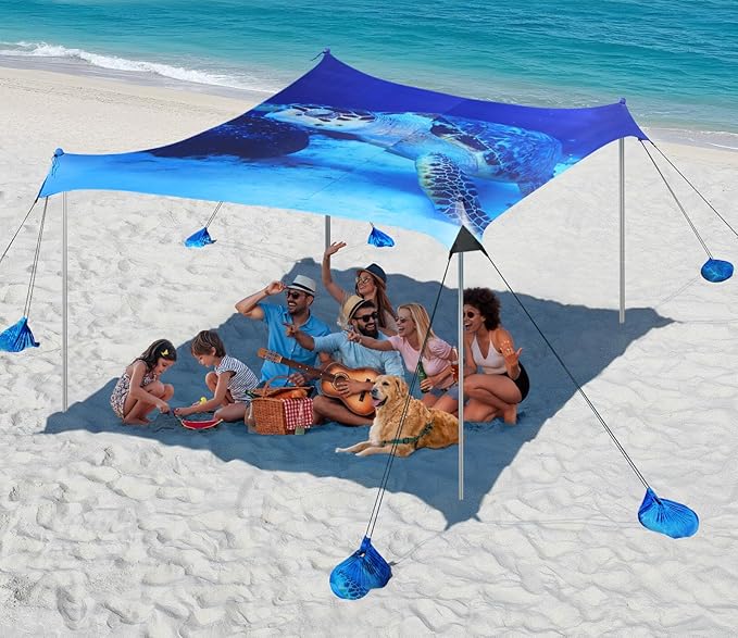 Rhino Valley Beach Tent Shade Canopy UPF50+ Protection, 8 Sandbags, 4 Stability Poles, Outdoor Sun Shelter Umbrella for Sand, Camping, Fishing Essentials