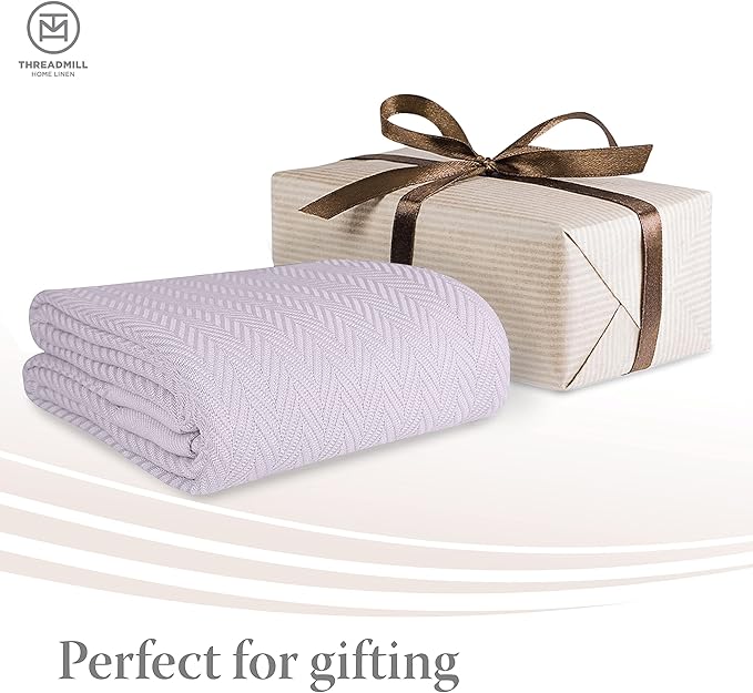 Threadmill Luxury Cotton Blankets for Queen Size Bed | All-Season 100% Cotton Queen Size Blanket | Herringbone Cozy, Soft Breathable Fall Thermal Blanket fits Full Size Bed, 90x92 | Lilac
