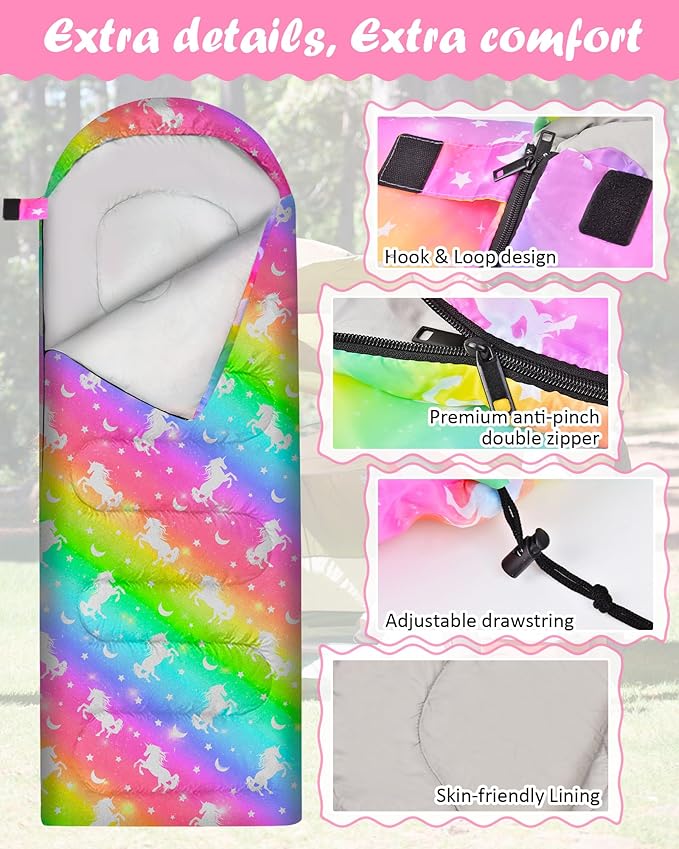 Kids Sleeping Bag for Kids Girls, 3 Season Warm Cool Weather Waterproof Lightweight Camping Sleeping Bag with Carry Bag for Indoor Outdoor Camping Hiking Traveling