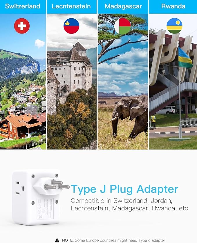2 Pack Switzerland Travel Plug Adapter, Type J Power Adaptor with 3 Outlets 4 USB Charging Ports(2 USB C), Swiss Outlet Adapter Travel Plug for US to Switzerland, Liechtenstein, Rwanda