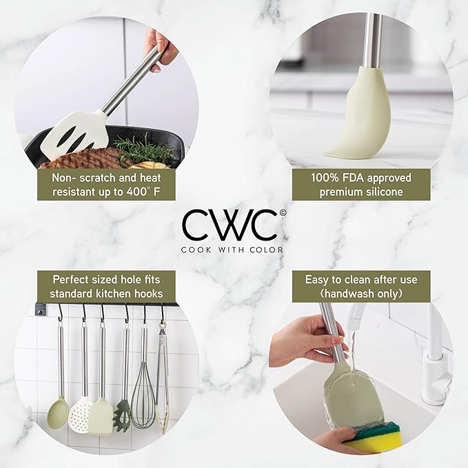 COOK WITH COLOR Silicone Cooking Utensils, Kitchen Utensil Set, Easy to Clean Silicone Kitchen Utensils, Cooking Utensils for Nonstick Cookware, Kitchen Gadgets Set, 38 Piece, Green