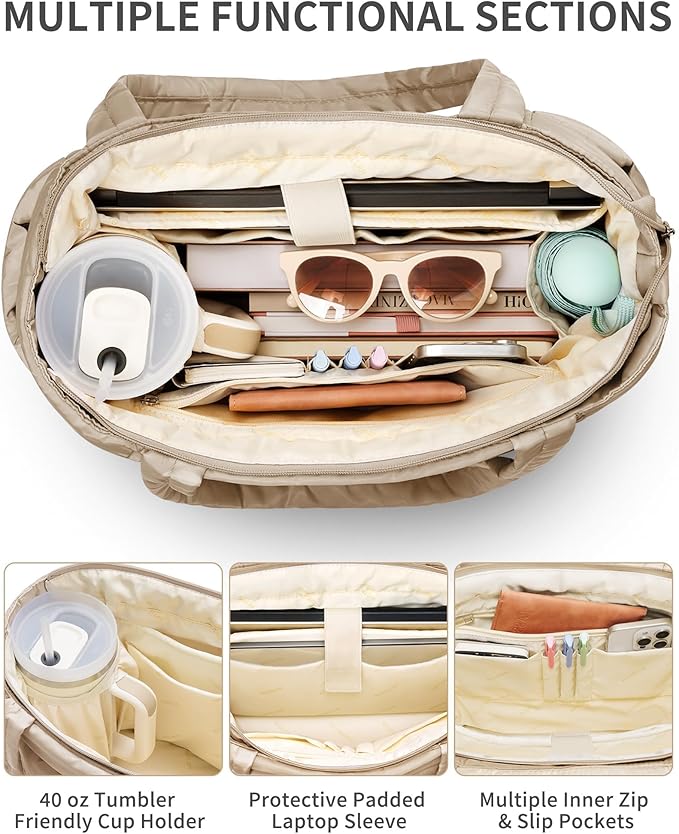 Puffer Tote Bag for Women, Lightweight Puffy Work Handbag Teacher Nurse Quilted Shoulder Bag for School Travel Gym