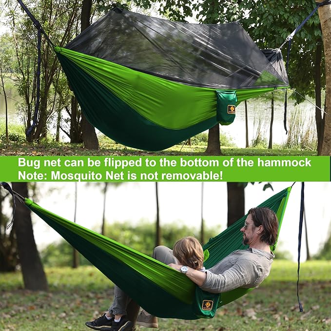 Camping Hammock with Net,Travel Portable Lightweight Hammocks with Tree Straps and Solid D-Shape Carabiners,Parachute Nylon Hammock for Outsides Backpacking Beach Backyard Patio Hiking