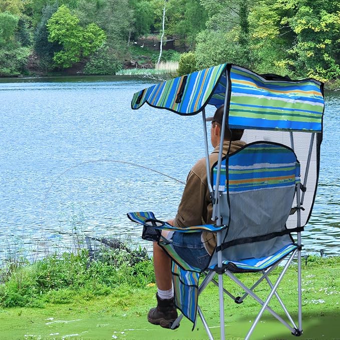 Portable Camping Chair with Adjustable Canopy Shade- Folding Camping Lounge Chair with Cup Holder & Side Pocket for Outdoor Camping, Fishing, Beach - Support 330 LBS (Streak)