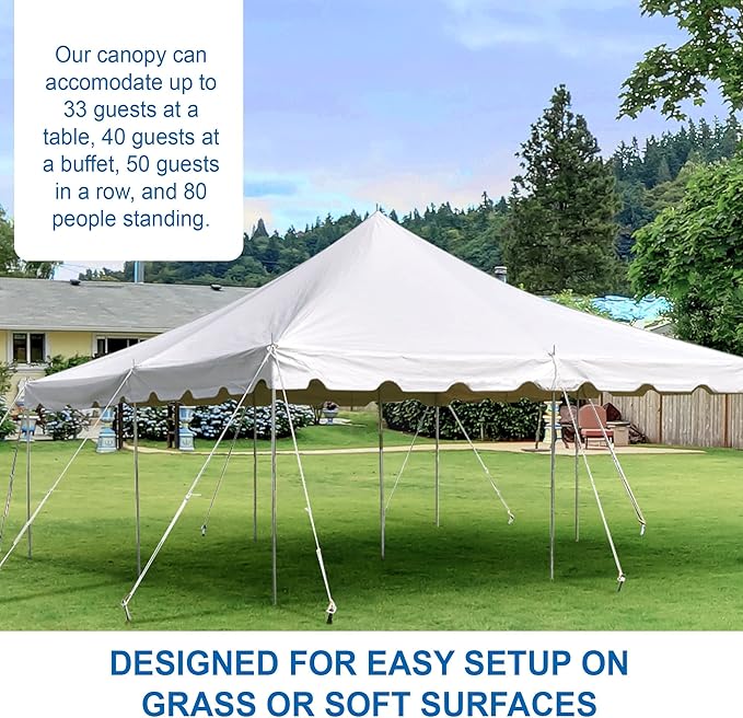 Party Tents Direct 20’ x 20’ Weekender Canopy Pole Tent, Indoor and Outdoor Heavy Duty Easy Up, 80 Person Capacity Tent for Parties, Weddings, and Events, Commercial and Residential Use, PVC White Top