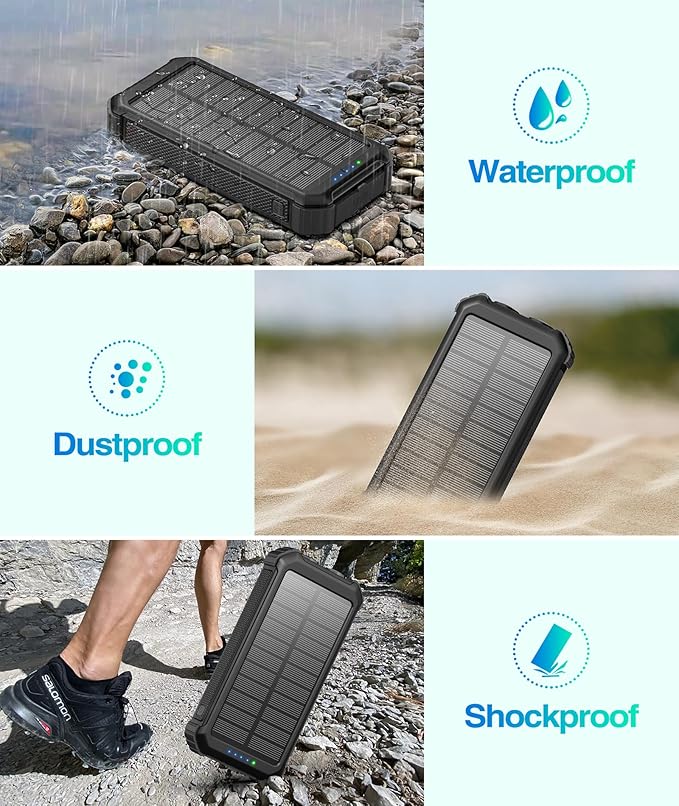 LATIMERIA 45800mAh Solar Charger Power Bank, Portable Phone Charger with 5V3.1A QC 3.0 Fast Charging, Solar Panel USB C in/Output for Cellphone, External Battery Pack with Dual Flashlights for Hiking