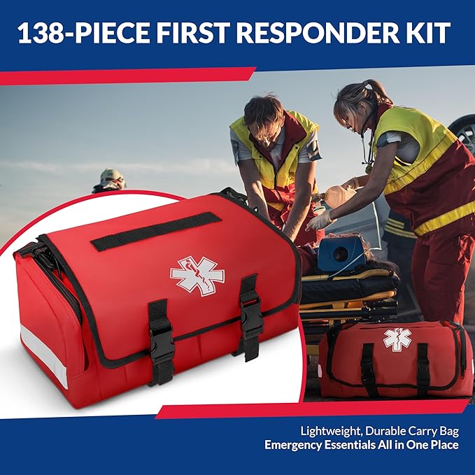First Responder Trauma First Aid Kit Bag – Fully Stocked Emergency Medical Kit for Workplace, Vehicle & Home – OSHA & ANSI Compliant – Portable – Red
