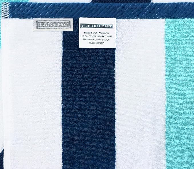 COTTON CRAFT Hooded Beach Towel - Oversized XXL 35x84 Towel with Hood for Adults - The Big Kahuna 7 Foot Beach Blanket Towel - Big & Tall Soft 100% Cotton Velour - Pool Bath Wrap - Cabana Stripe Blue