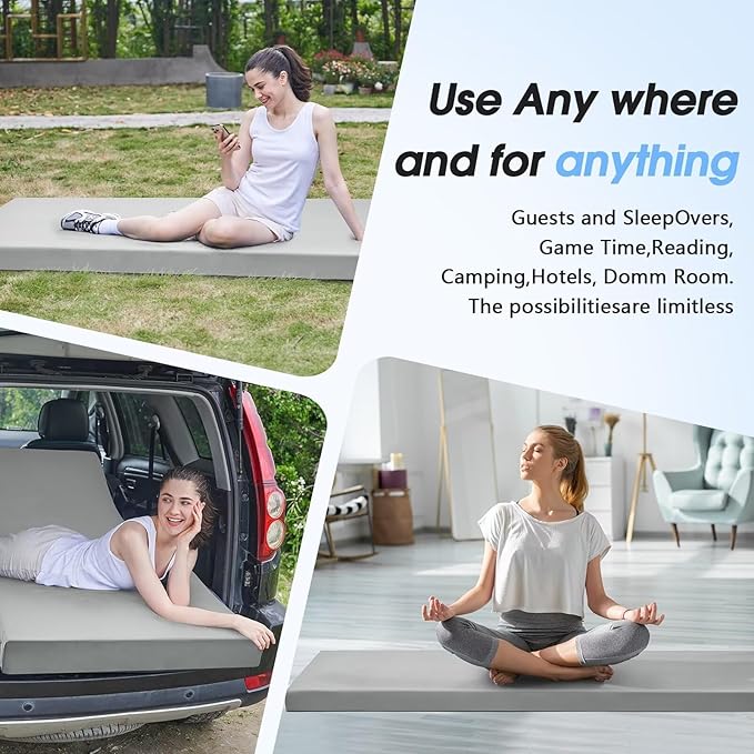 CYMULA Memory Foam Camping Mattress Pad,3inch Sleeping Pad for Camping,Non-Slip Bottom Floor Cot Car Mattress Bed with Retaining Portable Roll up Mattress Pad Mat for Travel Truck Guest Bed Tent
