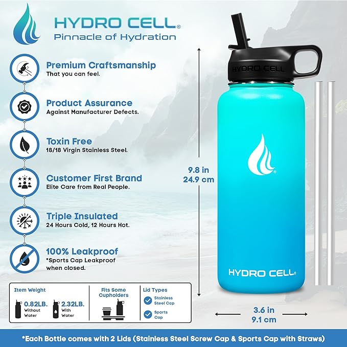 HYDRO CELL Stainless Steel Insulated Water Bottle with Straw - For Cold & Hot Drinks - Metal Vacuum Flask with Screw Cap and Modern Leakproof Sport Thermos for Adults (Teal/Blue 32oz)