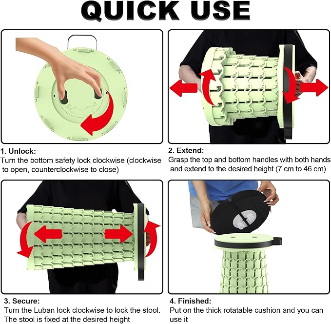 ALEVMOOM Upgraded Portable Collapsible Stool with Cushion, Telescoping Folding Stool for Adults, Lightweight Yet More Sturdy Capacity 600 lbs for Camping Fishing Hiking BBQ