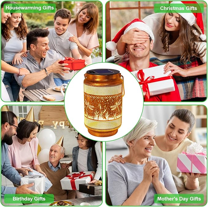 2 Pack Dragonfly Solar Lanterns Outdoor Waterproof Garden Decor, Dragonfly Birthday Gifts for Women Mom Grandma, Metal Hanging Solar Lights for Outside Yard Patio Pathway Backyard Porch