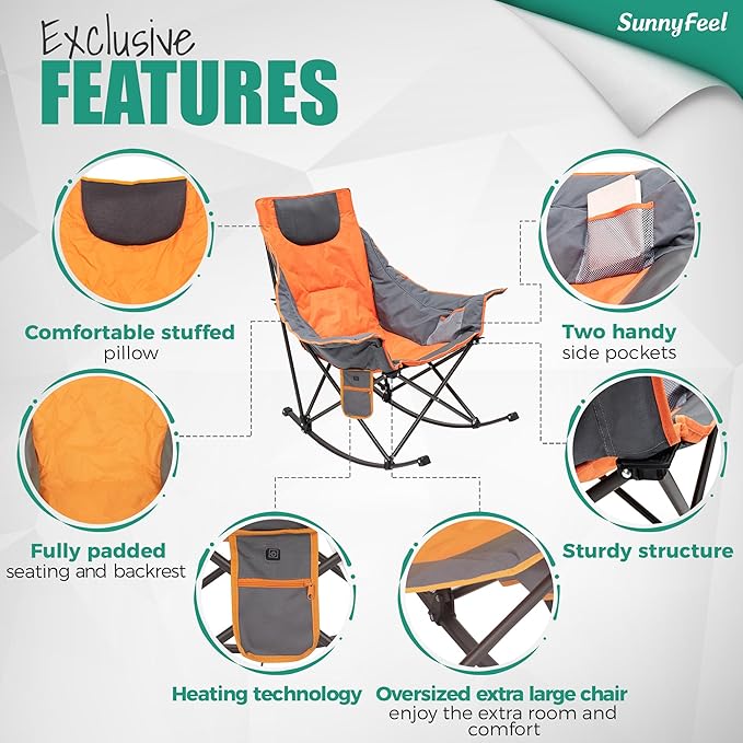 SUNNYFEEL Oversized Heated Camping Chair, Folding Rocking Camping Chairs with Luxury Padded Recliner,Carry Bag, 300 LBS Heavy Duty for Lawn/Outdoor/Picnic/Patio, Portable Rocker Camp Chair