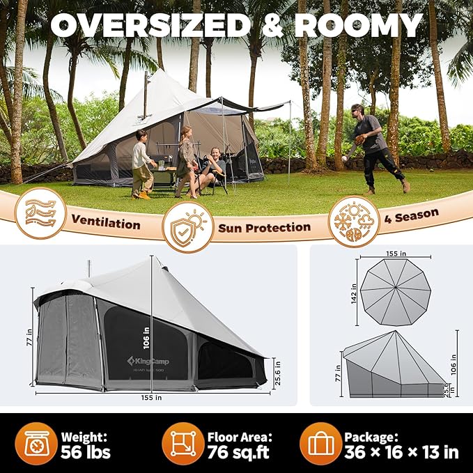 KingCamp Canvas Bell Yurt Tents, 4 Seasons Large Waterproof & Windproof Luxury Glamping Tent w/Stove Jack for Family Outdoor Camping, Hunting, Parties