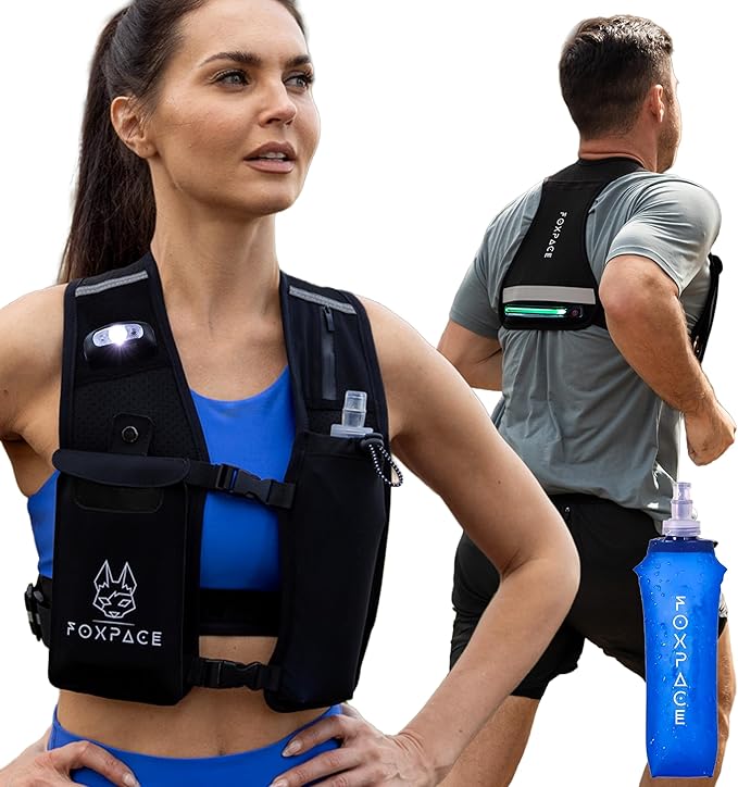 Running Vest for Women Men - Hydration Vest Water Bottle - Breathable Adjustable Backpack for Hiking Marathon - Waterproof Phone Pocket - Reflective Lights Up Rechargable Vest for Night Running