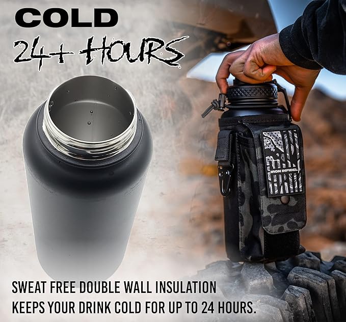 Iron Infidel Battle Bottle - 32 Oz Insulated Water Bottle with Straw Lid & Chug Cap, Stainless Steel Metal Tactical Flask With Rugged, Removable Sleeve for Keys & Phone or Wallet (Black Camo 1 Liter)