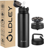 Oldley Insulated Water Bottle 32oz Water Bottles with Straw, Stainless Steel Water Bottle with 3 Lids, Double Wall Vacuum Bottles for Adult,Sports Bottles for School Travel, Black